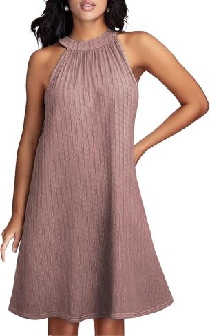 Women's Casual Summer Vacation Dress Halter Eyelet Mini Beach Cover Up Sleeveless Floral Lace Sundress with Pockets in Saudi Arabia