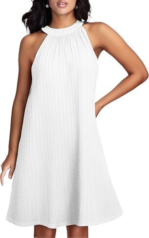 Women's Casual Summer Vacation Dress Halter Eyelet Mini Beach Cover Up Sleeveless Floral Lace Sundress with Pockets in Saudi Arabia