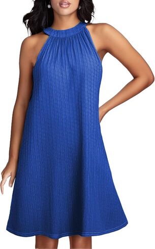 Women's Casual Summer Vacation Dress Halter Eyelet Mini Beach Cover Up Sleeveless Floral Lace Sundress with Pockets in Saudi Arabia