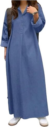 Women's Casual Wedding Guest Dress Sleeveless Denim Maxi V-Neck Loose Button Down Jean with Pockets in Saudi Arabia
