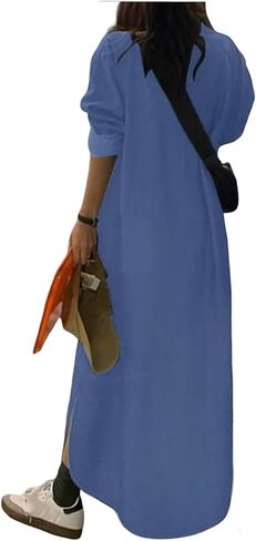 Women's Casual Wedding Guest Dress Sleeveless Denim Maxi V-Neck Loose Button Down Jean with Pockets in Saudi Arabia
