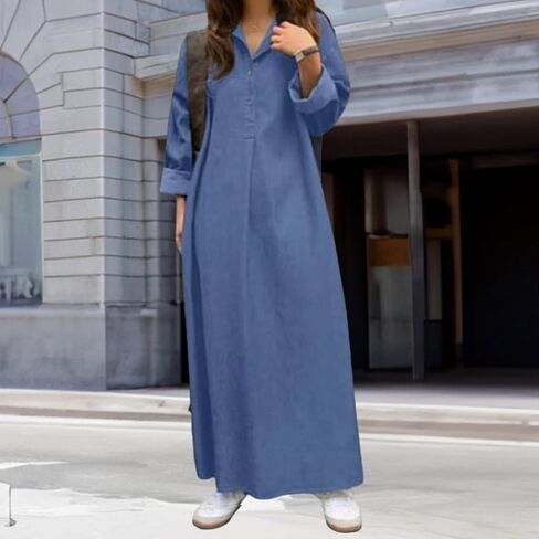 Women's Casual Wedding Guest Dress Sleeveless Denim Maxi V-Neck Loose Button Down Jean with Pockets in Saudi Arabia