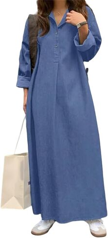 Women's Casual Wedding Guest Dress Sleeveless Denim Maxi V-Neck Loose Button Down Jean with Pockets in Saudi Arabia
