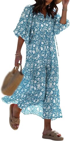 Women's Casual Summer Travel Dress V-Neck Half Sleeve Boho Geometric Maxi Floral Ruffle Flowy A-Line Beach in Saudi Arabia
