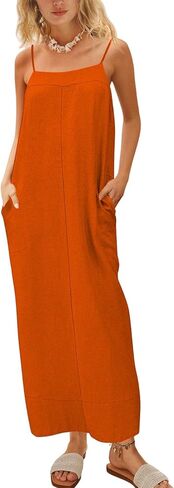 Women's Linen Maxi Sundress Square Neck Spaghetti Strap with Slit for Loungewear Beach Vacation Wear in Saudi Arabia