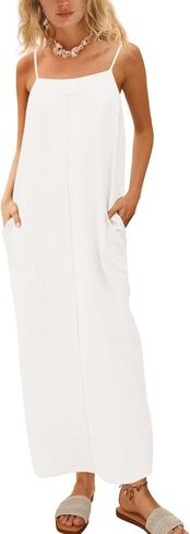 Women's Linen Maxi Sundress Square Neck Spaghetti Strap with Slit for Loungewear Beach Vacation Wear in Saudi Arabia