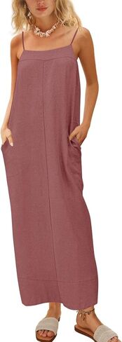 Women's Linen Maxi Sundress Square Neck Spaghetti Strap with Slit for Loungewear Beach Vacation Wear in Saudi Arabia