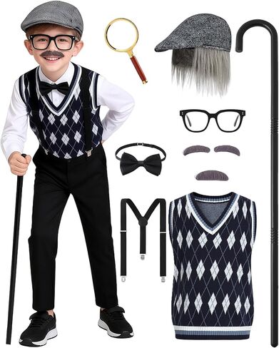 Old Man Costume Kids Boys 100 Days of School Costume Grandpa Costume Outfit Old Person Dress Up Accessories in Kuwait