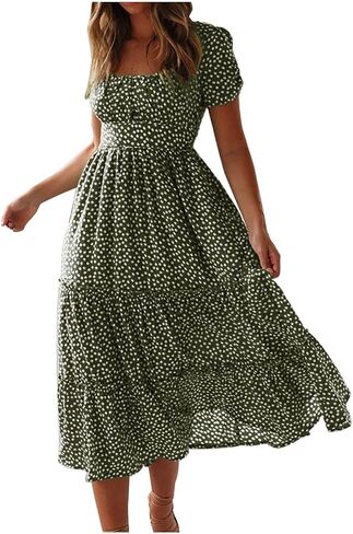Women's 2026 Summer Boho Midi Dress Polka Dot Puff Sleeve Chiffon Ruched Floral Ruffle Hem Square Neck Shirred Maxi in Saudi Arabia
