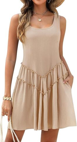 Women's Summer Beach Cover Up Dress Boho Square Neck Ruffle Tiered Mini Floral A-Line Sundress with Pockets Swimsuit in Saudi Arabia