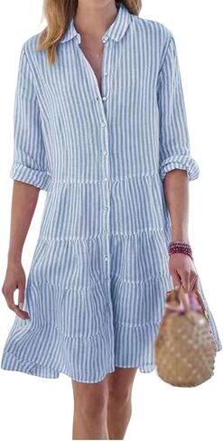 Women's Casual Summer Plus Size Dress Striped Button Down Midi Shirt Long Sleeve Cuffed Loose Fit V-Neck Short Sleeve in Saudi Arabia