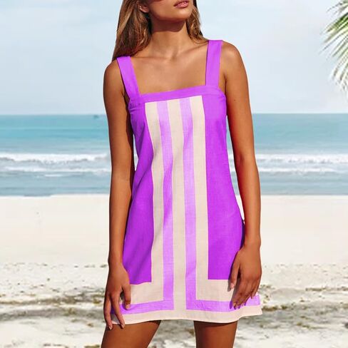 Women's Boho Beach Cover Up Summer Dress Striped Mini Sundress Square Neck Color Block with Shoulder Strap Vacation in Saudi Arabia