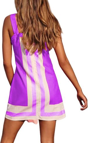 Women's Boho Beach Cover Up Summer Dress Striped Mini Sundress Square Neck Color Block with Shoulder Strap Vacation in Saudi Arabia