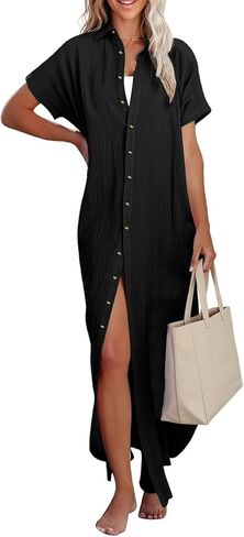 Women's Casual Summer Beach Cover Up Button Down Kimono Cardigan Short Sleeve Side Split Long Swim in Saudi Arabia