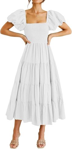 Women's 2026 Casual Summer Dress Square Neck Midi Short Puff Sleeve Smocked Tiered High Waist Flowy in Saudi Arabia