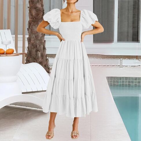 Women's 2026 Casual Summer Dress Square Neck Midi Short Puff Sleeve Smocked Tiered High Waist Flowy in Saudi Arabia