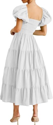 Women's 2026 Casual Summer Dress Square Neck Midi Short Puff Sleeve Smocked Tiered High Waist Flowy in Saudi Arabia