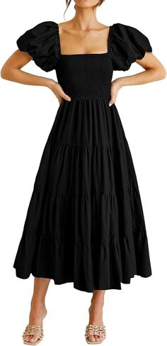 Women's 2026 Casual Summer Dress Square Neck Midi Short Puff Sleeve Smocked Tiered High Waist Flowy in Saudi Arabia