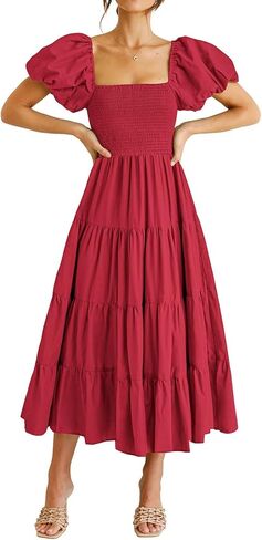 Women's 2026 Casual Summer Dress Square Neck Midi Short Puff Sleeve Smocked Tiered High Waist Flowy in Saudi Arabia