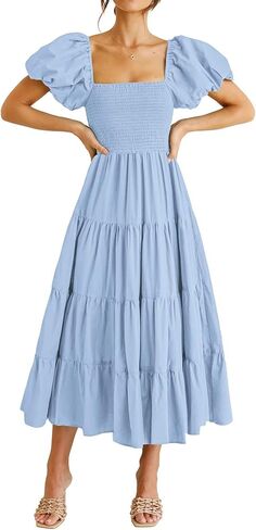 Women's 2026 Casual Summer Dress Square Neck Midi Short Puff Sleeve Smocked Tiered High Waist Flowy in Saudi Arabia