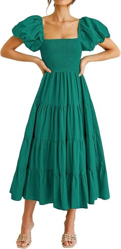 Women's 2026 Casual Summer Dress Square Neck Midi Short Puff Sleeve Smocked Tiered High Waist Flowy in Saudi Arabia