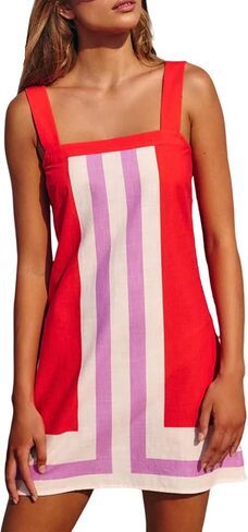 Women's Boho Beach Cover Up Summer Dress Striped Mini Sundress Square Neck Color Block with Shoulder Strap Vacation in Saudi Arabia