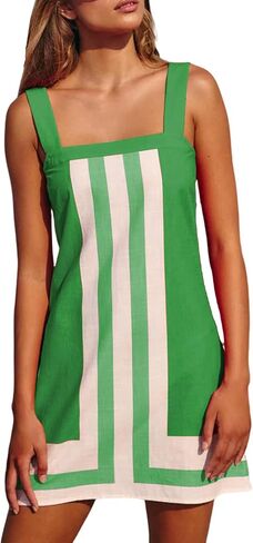 Women's Boho Beach Cover Up Summer Dress Striped Mini Sundress Square Neck Color Block with Shoulder Strap Vacation in Saudi Arabia
