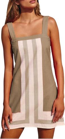 Women's Boho Beach Cover Up Summer Dress Striped Mini Sundress Square Neck Color Block with Shoulder Strap Vacation in Saudi Arabia