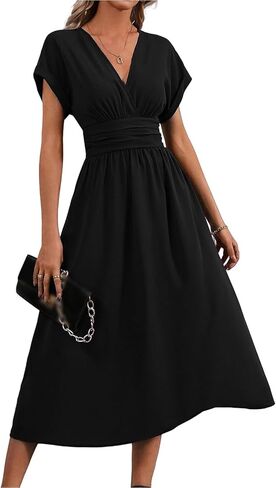 Women's Maternity Nursing Dress V-Neck Short Sleeve Midi with Pockets Smocked High Waist Sundress in Saudi Arabia