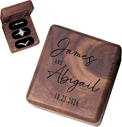 Personalized Square Wedding Ring Box. Fits 3 Rings. Made from Real Walnut Wood, Wedding Ring Holder (6) in Saudi Arabia