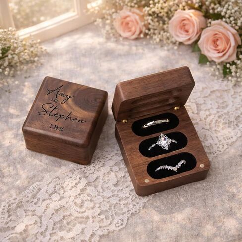 Personalized Square Wedding Ring Box. Fits 3 Rings. Made from Real Walnut Wood, Wedding Ring Holder (6) in Saudi Arabia