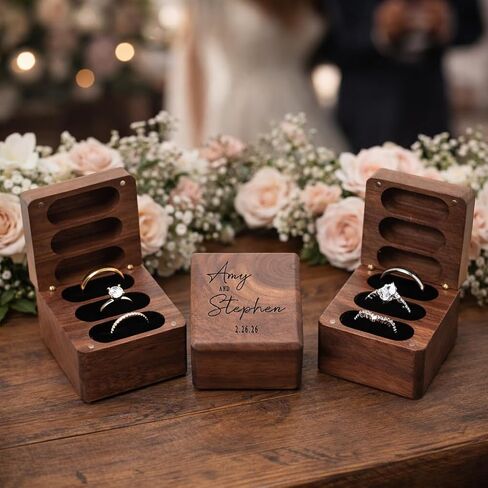 Personalized Square Wedding Ring Box. Fits 3 Rings. Made from Real Walnut Wood, Wedding Ring Holder (6) in Saudi Arabia