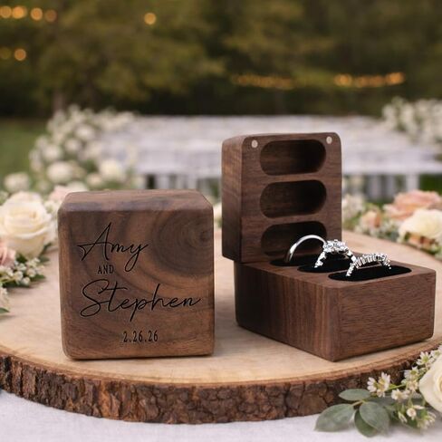 Personalized Square Wedding Ring Box. Fits 3 Rings. Made from Real Walnut Wood, Wedding Ring Holder (6) in Saudi Arabia