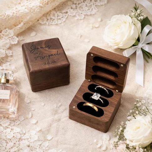 Personalized Square Wedding Ring Box. Fits 3 Rings. Made from Real Walnut Wood, Wedding Ring Holder (6) in Saudi Arabia
