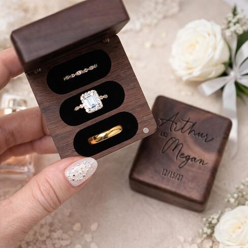 Personalized Square Wedding Ring Box. Fits 3 Rings. Made from Real Walnut Wood, Wedding Ring Holder (6) in Saudi Arabia