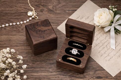 Personalized Square Wedding Ring Box. Fits 3 Rings. Made from Real Walnut Wood, Wedding Ring Holder (6) in Saudi Arabia