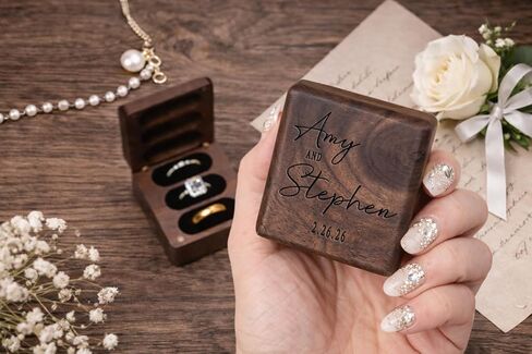 Personalized Square Wedding Ring Box. Fits 3 Rings. Made from Real Walnut Wood, Wedding Ring Holder (6) in Saudi Arabia