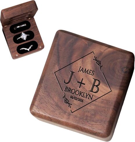 Personalized Square Wedding Ring Box. Fits 3 Rings. Made from Real Walnut Wood, Wedding Ring Holder (6) in Saudi Arabia