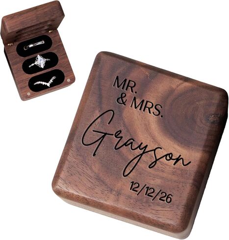 Personalized Square Wedding Ring Box. Fits 3 Rings. Made from Real Walnut Wood, Wedding Ring Holder (6) in Saudi Arabia