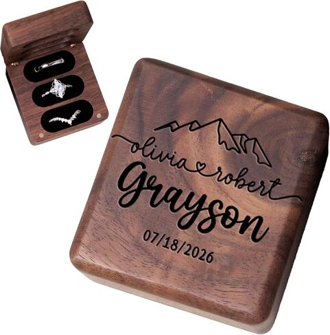 Personalized Square Wedding Ring Box. Fits 3 Rings. Made from Real Walnut Wood, Wedding Ring Holder (6) in Saudi Arabia