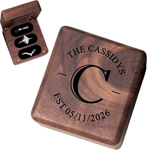 Personalized Square Wedding Ring Box. Fits 3 Rings. Made from Real Walnut Wood, Wedding Ring Holder (6) in Saudi Arabia