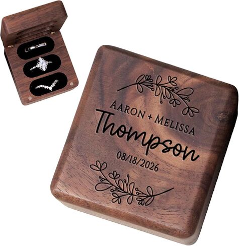 Personalized Square Wedding Ring Box. Fits 3 Rings. Made from Real Walnut Wood, Wedding Ring Holder (6) in Saudi Arabia