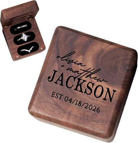Personalized Square Wedding Ring Box. Fits 3 Rings. Made from Real Walnut Wood, Wedding Ring Holder (6) in Saudi Arabia
