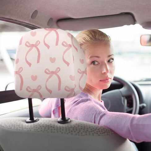 Chumia 2 Pcs Pink Headrest Cover for Cars, Printed Cute Bow Seat Head Rest Cover, Breathable Car Accessories, Elastic Washable Headrest Protector Fit to Suvs, Trucks, Vehicles, and Autos in Saudi Arabia