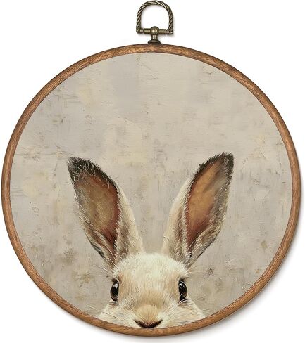 uniro Vintage Easter Bunny Framed Wall Art, Neutral Rabbit Round Wall Hanging Decor, Rustic Easter Décor Cute Rabbit Nursery Animal Artwork Art Prints for Kids Room, Living Room, Bedroom or Festive Spaces, 10x10 Inch in Saudi Arabia