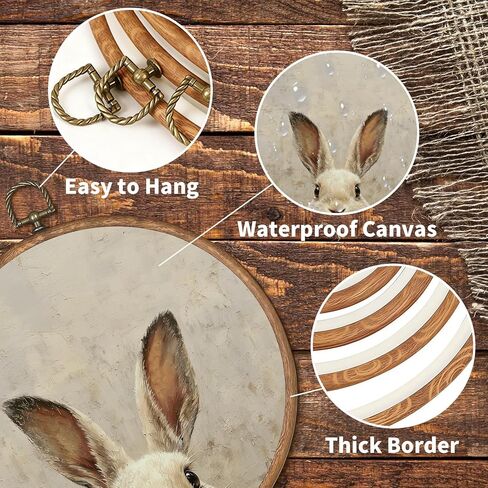 uniro Vintage Easter Bunny Framed Wall Art, Neutral Rabbit Round Wall Hanging Decor, Rustic Easter Décor Cute Rabbit Nursery Animal Artwork Art Prints for Kids Room, Living Room, Bedroom or Festive Spaces, 10x10 Inch in Saudi Arabia