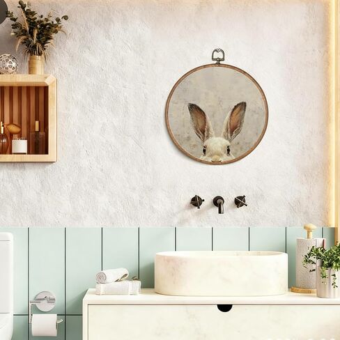 uniro Vintage Easter Bunny Framed Wall Art, Neutral Rabbit Round Wall Hanging Decor, Rustic Easter Décor Cute Rabbit Nursery Animal Artwork Art Prints for Kids Room, Living Room, Bedroom or Festive Spaces, 10x10 Inch in Saudi Arabia