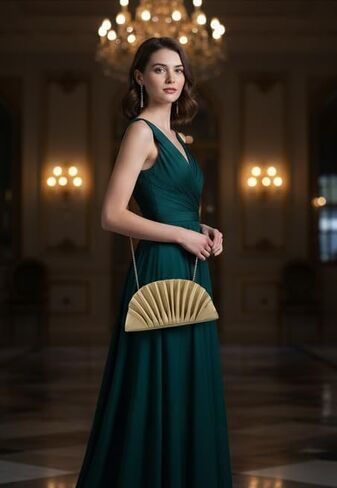 محفظة أنيقة ذات طيات، حقيبة سهرة ذهبية مع حزام سلسلة، تصميم على شكل مروحة، حقيبة يد للمناسبات الخاصة in Saudi Arabia