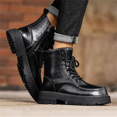 Men's Casual Leather Boots High-top work Shoes Thick-soled Lace-up Versatile Comfortable Breathable Non-slip wear-resistant Oxford Shoes for Men in Kuwait