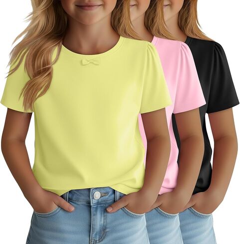 3 Pack Girl's Short Sleeve T-Shirts Casual Bow Crewneck Shirt Solid Cute Tee Soft Summer Tops Basic Kids Clothes in Saudi Arabia